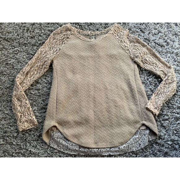 One September ANTHROPOLOGIE Rosanella Tan Pleated Lace Knit Tunic Top sz XS - Picture 2 of 7